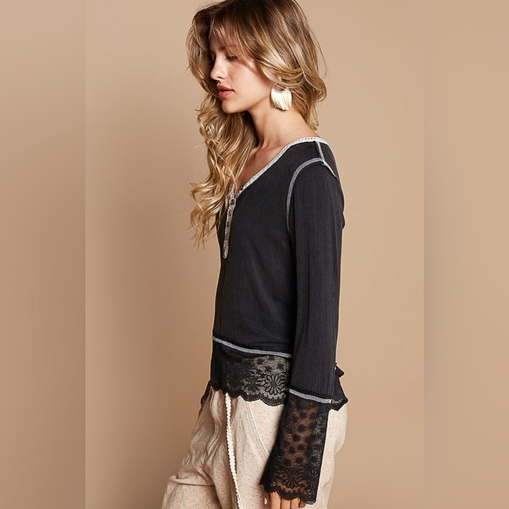 POL Black Henley Top + Lace Sleeves - Picture 2 of 7